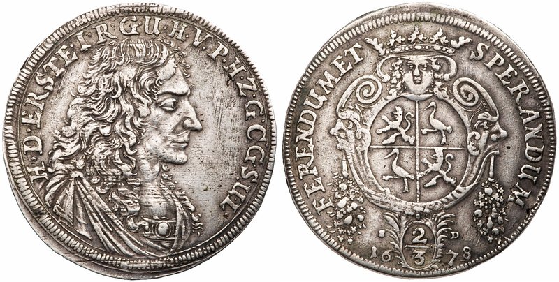 Reuss-Schleiz. Heinrich I (1640-1692). Silver 2/3 Taler, 1678 SD. Schleiz (18.63...
