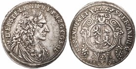 Reuss-Schleiz. Heinrich I (1640-1692). Silver 2/3 Taler, 1678 SD. Schleiz (18.63g). Draped and cuirassed bust right. Rev. Oval arms with crowned face ...