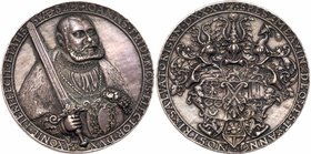 Saxony. Johann Friedrich (1503-1554). Silver Cast Medal, 1535. By Hans Reinhart the Elder. 62 mm. 63.1g. Three-quarter length figure of the Elector fa...
