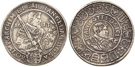 Saxony. Johann Georg I and August of naumburg (1611-1615). Silver Taler, 1613. Half figure bust dividing date right, holding sword in right hand and o...