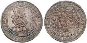 Saxony. Johann Georg I (1616-1656). Silver Taler, 1626-HI. Half-length armored figure right with sword in right hand and helmet in left. Rev. Helmeted...