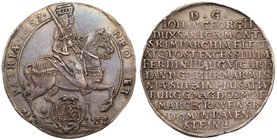 Saxony. Johann Georg II (1656-1680). Silver Vicariat Taler, 1657. On the death of the Emperor Ferdinand III. Duke on horseback with arms below. Rev. T...