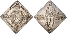 Saxony. Johann Georg II (1656-1680). Silver Klippe Taler, 1678. For the shooting match at Dresden. Capped arms in Order band with motto, arms in four ...
