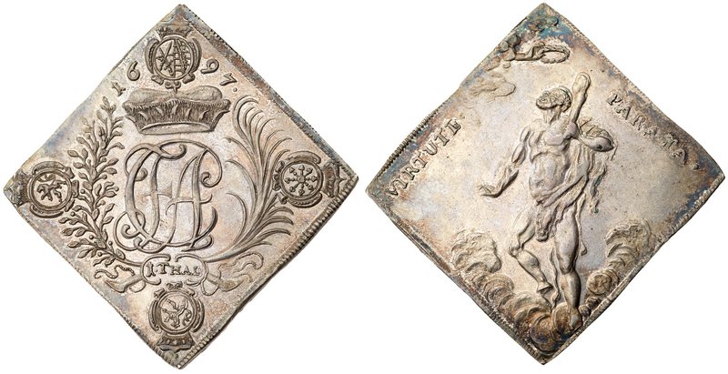 Saxony. Friedrich August I (1694-1733). Silver Klippe Taler, 1697. Crowned monog...