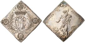 Saxony. Friedrich August I (1694-1733). Silver Klippe Taler, 1697. Crowned monogram FAC in sprays with 1 THAL below, arms in four corners. Rev. Hand f...
