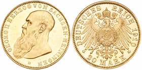 Saxe-Meiningen. George II (1866-1914). Gold 20 Marks, 1910-D. Head left with long beard. Rev. Crowned imperial eagle with shield on breast. Mintage of...