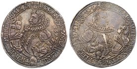 Saxe-Old-Weimar. Friedrich Wilhelm I and Johann III (1573-1602). Silver Taler, 1597. Bust in high collar left with helmet before. Rev. Bust right with...
