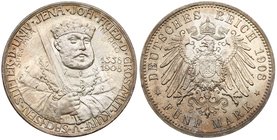 Saxe-Weimar-Eisenach. Wilhelm Ernst (1901-1918). Silver 5 Mark, 1908-A. For the 350th anniversary of the founding of the University of Jena. Facing bu...