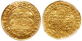 Silesia-Liegnitz-Brieg. Georg, Ludwig and Christian (1639-1663). Gold &frac12; Ducat, 1656 (1.71g). Three half-length busts facing. Rev. Ornate crest ...