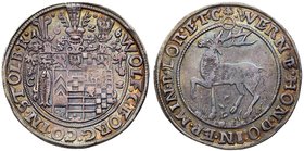 Stolberg. Wolfgang Georg (1615-1631). Silver Taler, 1626-CZ. Helmeted arms with divided date in helmets, C-Z in field. Rev. Orb above stag left (Dav 7...