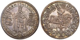 Teutonic Order. Maximilian I of Austria (1588-1618). Silver Taler, 1603. Master standing on ground, arms at left, helmet at right. Rev. Emperor on hor...