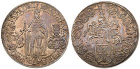 Teutonic Order. Maximilian I of Austria (1588-1618). Silver Taler, 1613/2. Master standing on ground, arms at left, helmet at right. Rev. Emperor on h...