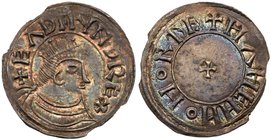 Eadmund (939-946), Silver Penny, portrait type, East Anglian style, Norwich Mint, Moneyer Manen. Crowned and draped bust right extending to bottom of ...