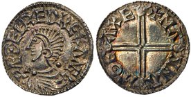 Aethelred II (978-1016), Silver Penny, long cross type (c.997-1003), Exeter Mint, Moneyer Manna. Draped bust left, large pellet at nape of neck, legen...