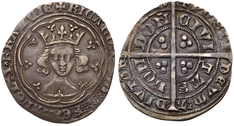 Richard II (1377-99), Silver Groat of Fourpence, type II. Facing crowned bust wi...