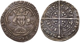 Richard II (1377-99), Silver Groat of Fourpence, type II. Facing crowned bust within double tressure of nine arcs, fleur on each cusp including breast...