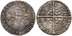 Henry V (1413-22), Silver Groat of Fourpence, class G. Facing crowned "frowning" bust within double tressure of nine arcs, fleur on each cusp includin...
