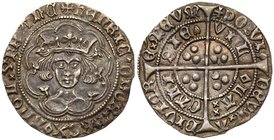Henry VI, first reign (1422-61), Silver Groat of Fourpence, pinecone mascle issue (1430-34), Calais Mint. Facing crowned bust, within double tressure ...