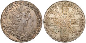 William and Mary (1688-94), Silver Crown of Five Shillings, 1691. Conjoined draped busts right, legend and outer toothed border surrounding, GVLIELMVS...