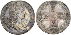 William III (1694-1702), Silver Proof Crown of Five Shillings, 1696. Third laureate and draped bust right, legend and outer toothed border surrounding...