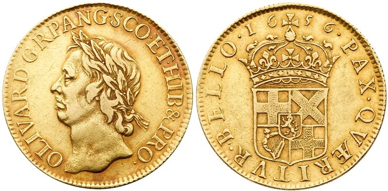 Oliver Cromwell (d.1658), Gold Broad of Twenty Shillings. 1656, laureate head le...