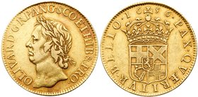 Oliver Cromwell (d.1658), Gold Broad of Twenty Shillings. 1656, laureate head left, legend and toothed border surrounding, OLIVAR. D. G. R. P. ANG. SC...