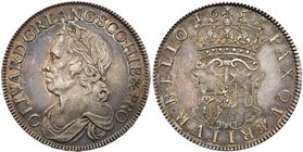 Oliver Cromwell (d.1658), Silver Crown, 1658. 8 in date struck over 7, laureate and draped bust left, raised die flaw at early stage, abbreviated Lati...