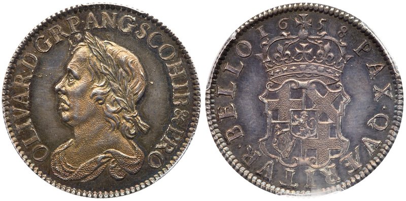 Oliver Cromwell (d.1658), Silver Shilling, 1658. Laureate and draped bust left, ...