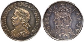 Oliver Cromwell (d.1658), Silver Shilling, 1658. Laureate and draped bust left, raised die flaw at top of forehead, legend and toothed border surround...