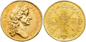 Charles II (1660-85), Gold Two Guineas, 1679. Second laureate head right, Latin legend and toothed border surrounding, CAROLVS. II. DEI. GRATIA, Rev. ...