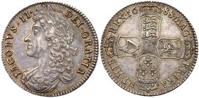 James II (1685-88), Silver Halfcrown, 1688. Second laureate and draped bust left, Latin legend and toothed border surrounding, IACOBVS. II. DEI. GRATI...