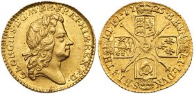 George I (1714-27), Gold Half-Guinea, 1725. Second older laureate head right, Latin legend and toothed border surrounding, GEORGIVS D. G. M. BR. FR. E...
