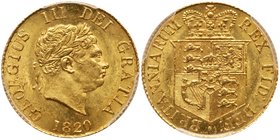 George III (1760-1820), Gold Half-Sovereign, 1820. Engraved by Benedetto Pistrucci, laureate head right, date below, legend GEORGIVS III DEI GRATIA ra...
