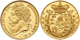 George IV (1820-30), Gold Half-Sovereign, 1821. First laureate head left, B.P. for Benedetto Pistrucci below neck, legend and toothed border surroundi...