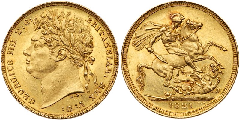 George IV (1820-30), Gold Sovereign, 1821, first laureate head left. B.P. for Be...