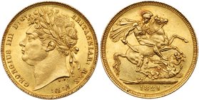 George IV (1820-30), Gold Sovereign, 1821, first laureate head left. B.P. for Benedetto Pistrucci below neck, legend and toothed border surrounding, G...