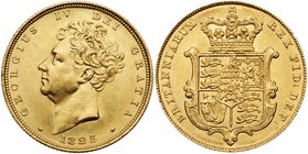 George IV (1820-30), Gold Sovereign, 1825. Second bare head left, date below neck, legend and toothed border surrounding.GEORGIUS IV DEI GRATIA. Rev. ...