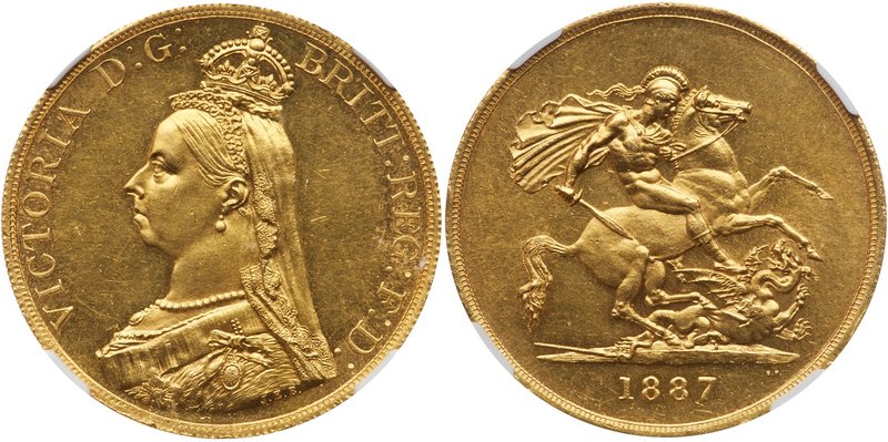 Victoria (1837-1901), Gold Five Pounds, 1887. Jubilee type crowned bust left, J....