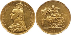 Victoria (1837-1901), Gold Five Pounds, 1887. Jubilee type crowned bust left, J.E.B. initials on truncation, VICTORIA D: G: BRITT: REG: F: D: Rev. St ...