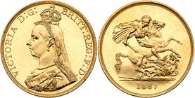 Victoria (1837-1901). Gold Five Pounds, 1887. Crowned and veiled Jubilee type bust left. Rev. St. George slaying dragon (S 3864; Fr 390; KM 769). Bril...
