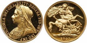 Victoria (1837-1901), Gold Two Pounds, 1893. Crowned, veiled bust left, T.B. initials below truncation for engraver Thomas Brock, Latin legend and too...