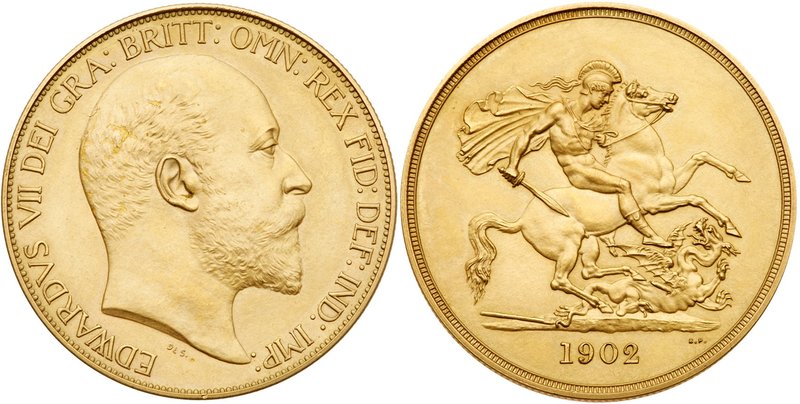 Edward VII (1901-1910), Matt Proof Gold Five-Pounds, 1902. Coronation year, bare...