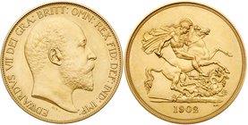 Edward VII (1901-1910), Matt Proof Gold Five-Pounds, 1902. Coronation year, bare head right, De S. below truncation for engraver George W De Saulles, ...