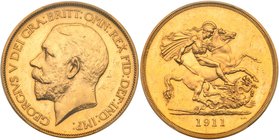 George V (1910-36), Gold Proof Five-Pounds, 1911. Bare head left, with raised BM for Bertram Mackennal on truncation, legend and toothed border surrou...
