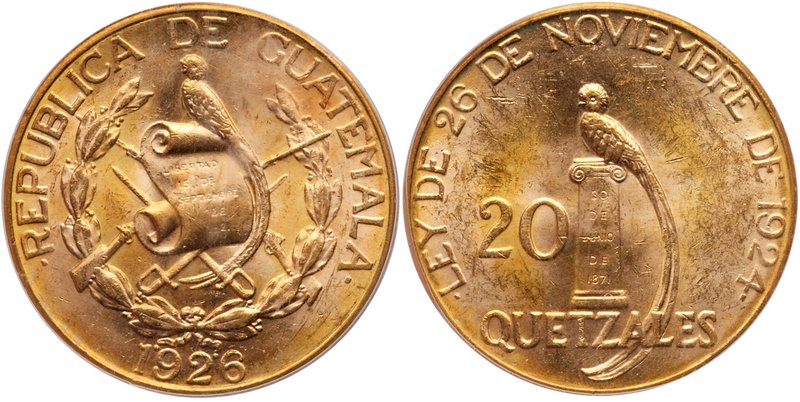 Guatemala. Republic. Gold 20 Quetzals, 1926. National arms. Rev. Quetzal on colu...