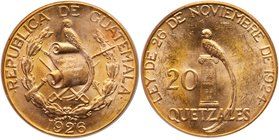 Guatemala. Republic. Gold 20 Quetzals, 1926. National arms. Rev. Quetzal on column (Fr 48; KM 246). In PCGS holder graded MS 62. Value $2,500 - UP