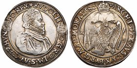 Rudolph II (1576-1612). Silver Taler/Tall&eacute;r, 1586 KB, 28.53g. K&ouml;rm&ouml;cb&aacute;nya/Kremnitz. Draped, armored bust right wearing ruff, f...