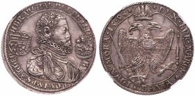 Rudolph II (1576-1612). Silver Taler/Tall&eacute;r, 1598. Nagyb&aacute;nya/Neustadt. Large, draped and armored bust right wearing ruff, flanked by shi...