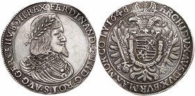 Ferdinand III (1637-1657). Silver Taler/Tall&eacute;r, 1648 KB (28.00g). K&ouml;rm&ouml;cb&aacute;nya/Kremnitz. Laureate, draped and cuirassed bust ri...