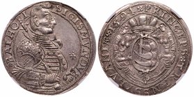 Sigmund Bathori (1581-1602). Silver Taler/Tall&eacute;r, 1594. Armored half-figure right, holding scepter over shoulder, hand on hilt, small cross wit...